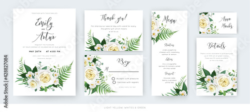 Vector watercolor floral wedding cards set: invite, thank you, menu, rsvp template. Yellow white roses, camellia flowers, dusty eucalyptus, green forest fern leaves, herbs botanical bouquet decoration