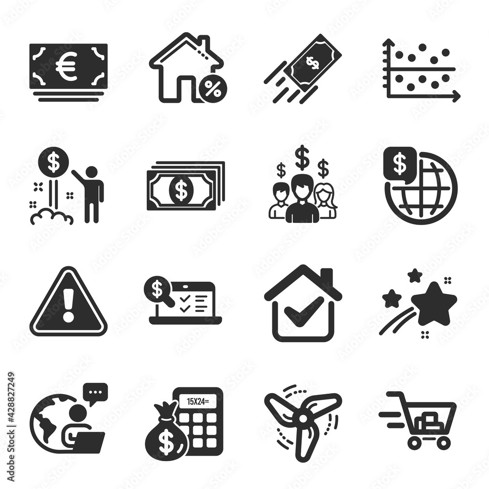 Set of Finance icons, such as Shopping cart, Loan house, World money symbols. Payment, Fast payment, Finance calculator signs. Online accounting, Wind energy, Euro currency. Income money. Vector Set of Finance icons, such as Shopping cart, Loan house, World money symbols. Payment, Fast payment, Finance calculator signs. Online accounting, Wind energy, Euro currency. Income money. Vector