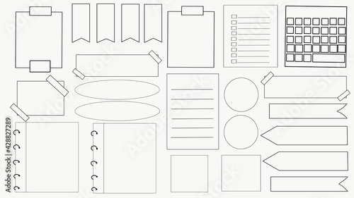 Bullet journal hand drawn vector elements for notebook, diary and planner. Days of week, notes, list, frames, dividers, corners, ribbons.