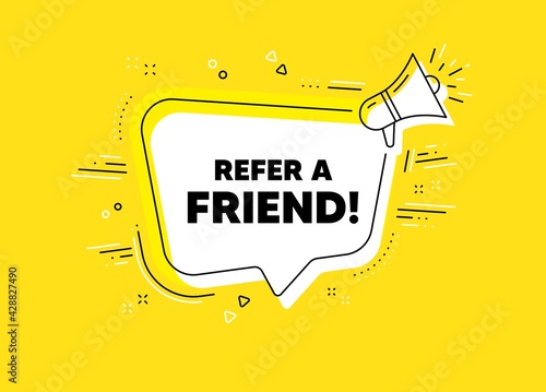 Refer a friend symbol. Megaphone yellow vector banner. Referral program sign. Advertising reference. Thought speech bubble with quotes. Refer friend chat think megaphone message. Vector