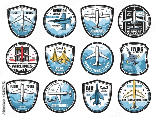 Aviation and airplanes vector icons. Modern planes flying in sky, flight tours. Transportation, aviation school and airports. Airlines service and flights, aviators and fliers academy symbols