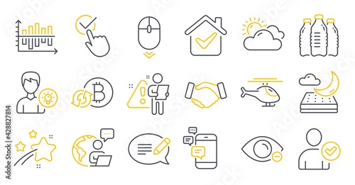 Set of Business icons, such as Diagram chart, Checkbox, Communication symbols. Refresh bitcoin, Message, Person idea signs. Night mattress, Helicopter, Myopia. Sunny weather, Handshake. Vector