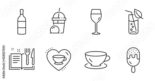 Recipe book, Love coffee and Ice cream milkshake line icons set. Espresso, Ice cream and Wine glass signs. Water glass, Wine bottle symbols. Food, Cappuccino mug, Sundae milkshake. Vector