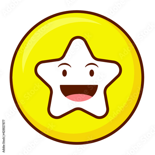 Cute social media grinning face star emoji on a yellow button. Royalty-free.