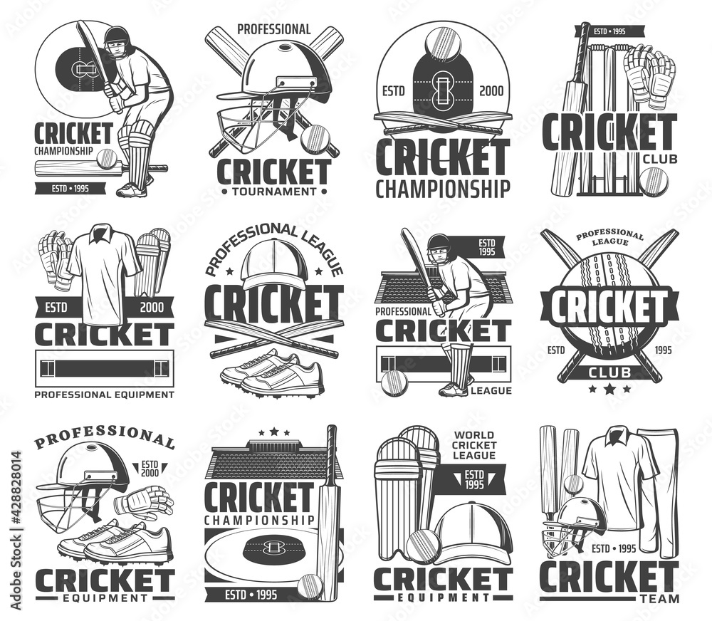 Cricket sport game vector icons. Cricket tournament and club, player equipment and clothing monochrome vintage emblems. Playing field, batsman in protective clothing holding a bat