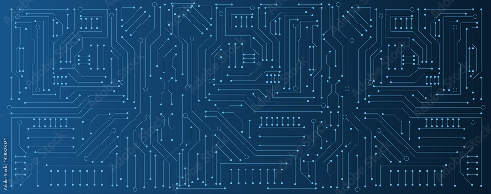circuit board electronic or electrical line on blue engineering technology concept vector panorama background
