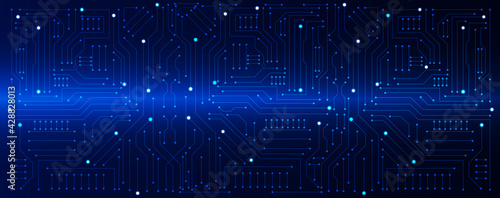circuit board electronic or electrical line on blue engineering technology concept vector panorama background