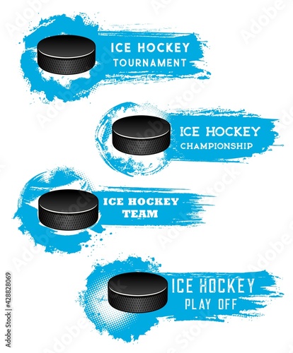 Ice hockey banners, puck on ice arena, match cup vector halftone backgrounds. Ice hockey sport club badges, tournament or championship banners with puck goal in blue paint splash