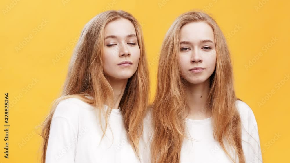 That's you. Two redhead twin sister pointing with fingers at camera, choosing you, orange background That's you. Two redhead twin sister pointing with fingers at camera, choosing you, orange background