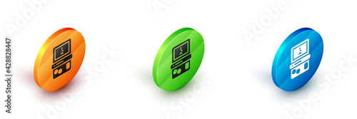 Isometric Portable tetris electronic game icon isolated on white background. Vintage style pocket brick game. Interactive playing device. Circle button. Vector