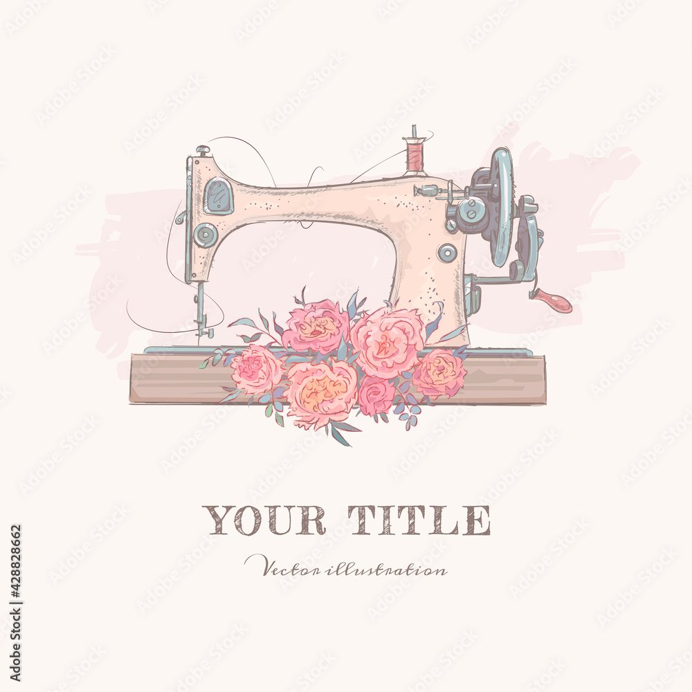 Hand drawn illustration of sewing machine and flowers. Vector illustration
 - obrazy, fototapety, plakaty 
