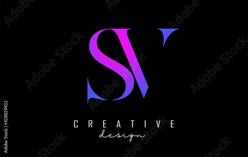 Colorful pink and blue SV s v letter design logo logotype concept with serif font and elegant style. Vector illustration icon with letters S and V.