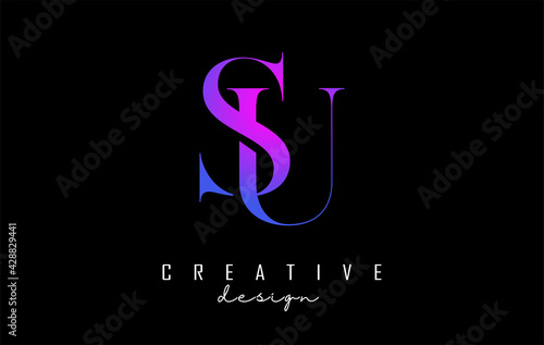 Colorful pink and blue SU s u letter design logo logotype concept with serif font and elegant style. Vector illustration icon with letters S and U.