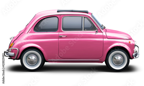Small retro car of pink color, side view isolated on a white background. © andrew7726