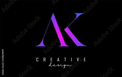 Colorful pink and blue AK a k letter design logo logotype concept with serif font and elegant style. Vector illustration icon with letters a and k.