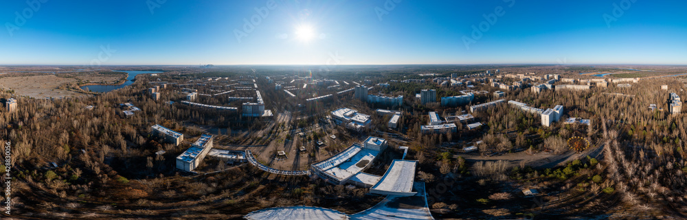 360 degree drone panorama of abandoned town Chernobyl 