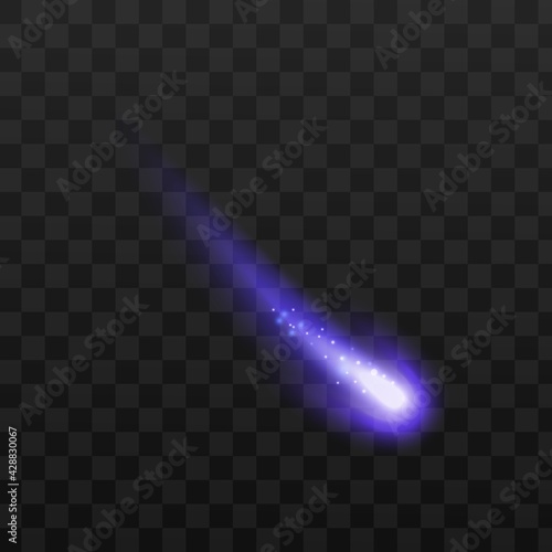 Colorful blue space meteor, comet, meteorite or asteroid with light sparkles.