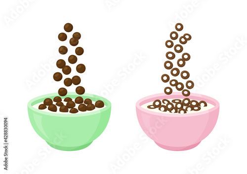 Bowl of chocolate cereal milk vector breakfast. Cartoon oats, sweet flavors. Falling cornflakes, isolated on white background. Healthy food for kids illustration