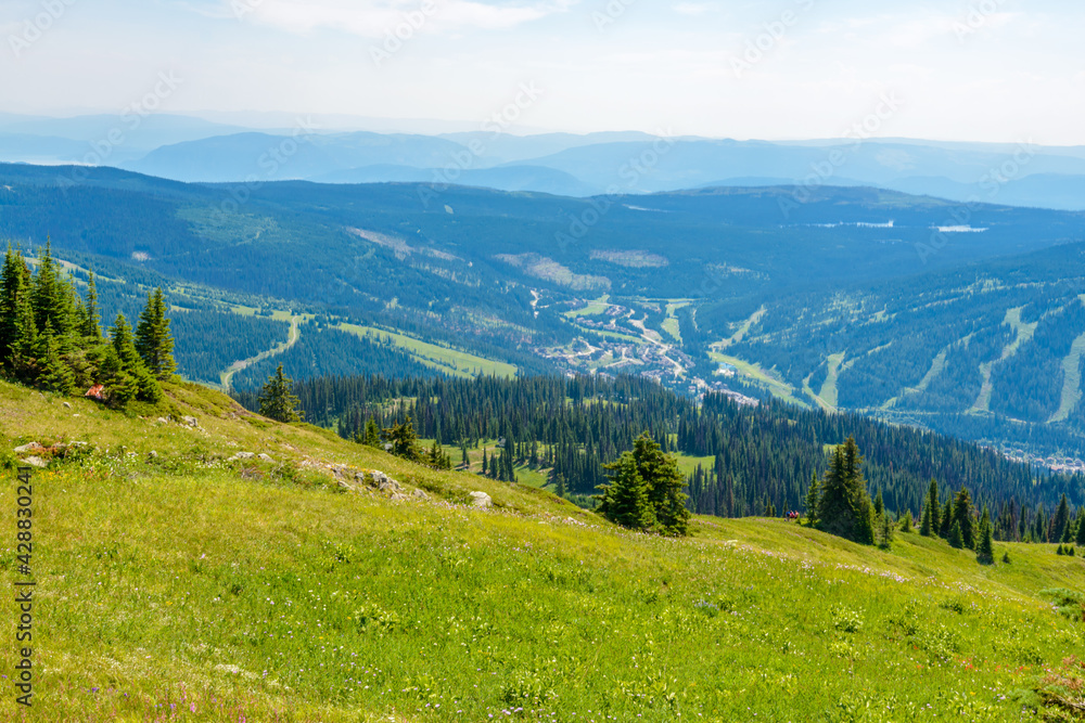 Obraz premium Beautiful landscape of valley in Alpine mountains, small trail, hike root, majestic picturesque view in sunny day