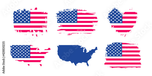 United States of America grunge flag set. USA brush stroke and heart shape textured flag, USA vector map in american national flag colors.