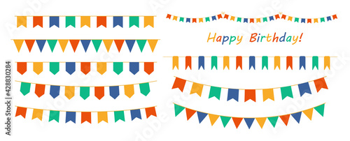Multicolored buntings garlands. Decoration of greetings cards, invitations.