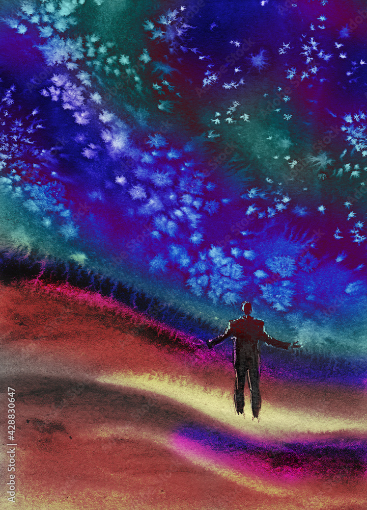 Man at the edge of the milky way. Colorful textured fantastic landscape with stylized starry sky