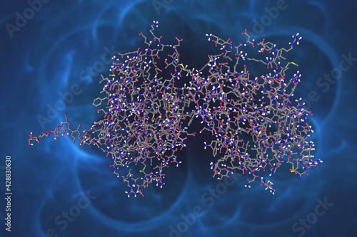 Molecular model of human interferon beta, a naturally occurring cytokine involved in regulating the inflammatory response. It is used to treat multiple sclerosis. 3d illustration