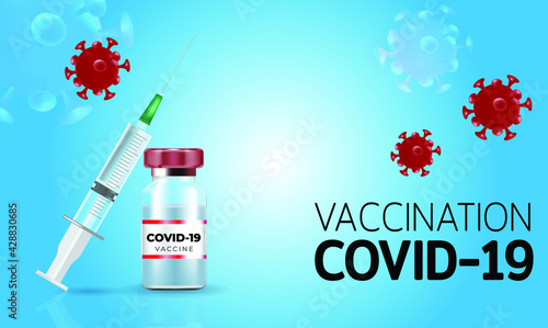 Covid-19 corona virus vaccination with vaccine bottle and syringe injection tool, Coronavirus vaccine banner background, Vector
