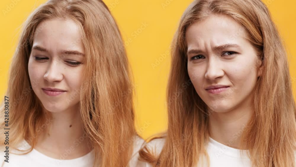 Two displeased redhaired twin sisters looking at camera with discontent, frowning faces and shaking heads in denial Two displeased redhaired twin sisters looking at camera with discontent, frowning faces and shaking heads in denial