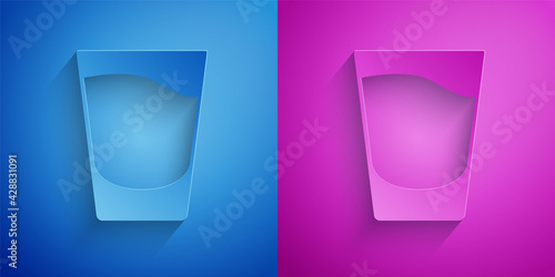 Paper cut Shot glass icon isolated on blue and purple background. Paper art style. Vector