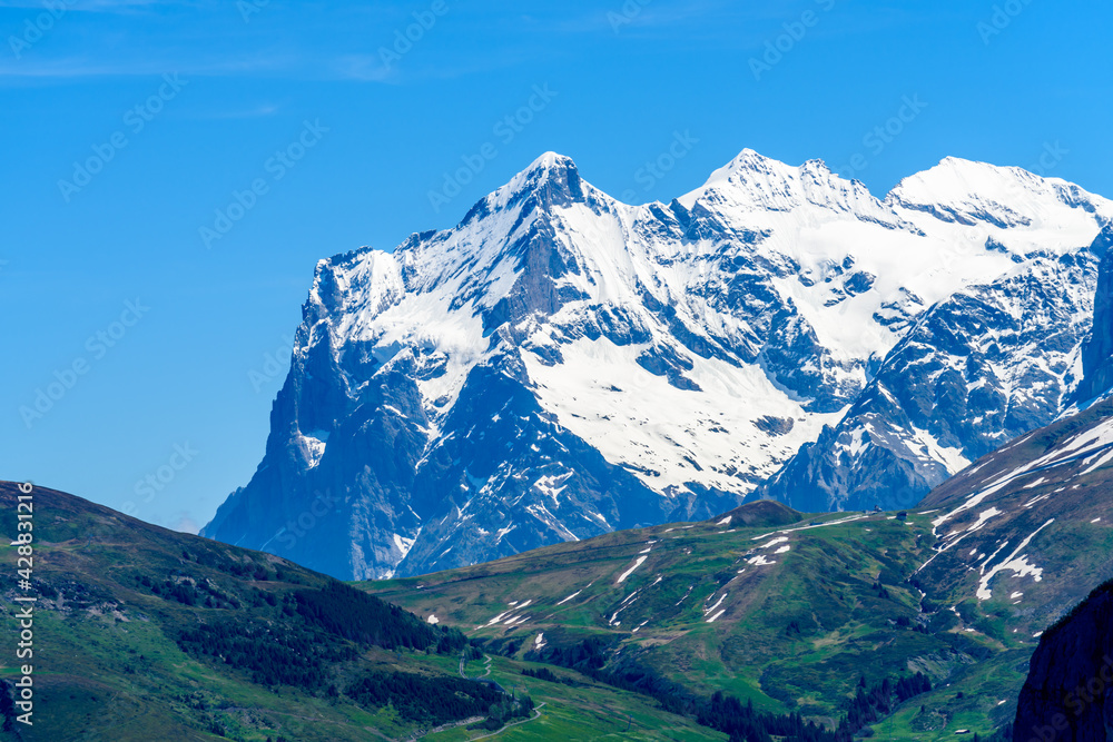 The Swiss Alps at Murren, Switzerland. Jungfrau Region. The valley of Lauterbrunnen from Interlaken. Snow peaks. The Swiss Alps at Murren, Switzerland. Jungfrau Region. The valley of Lauterbrunnen from Interlaken. Snow peaks.