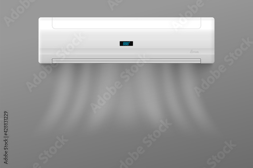 Air conditioner with cold air streams, realistic vector illustration isolated.