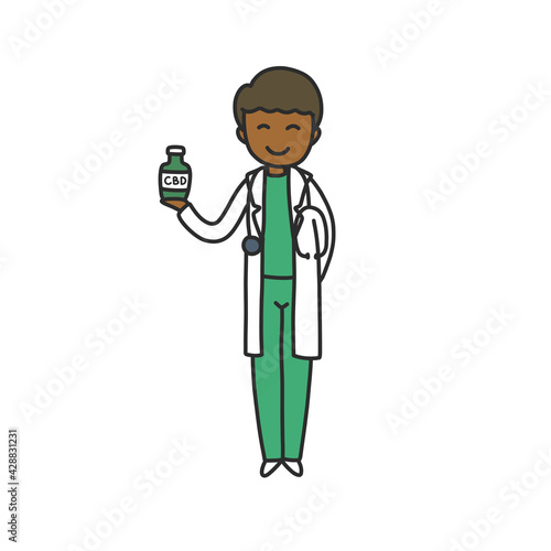 doctor with cbd bottle doodle icon, vector color illustration