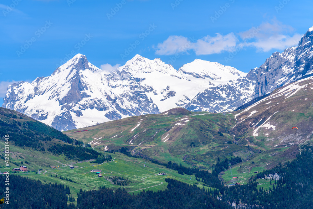 Fototapeta premium The Swiss Alps at Murren, Switzerland. Jungfrau Region. The valley of Lauterbrunnen from Interlaken.
