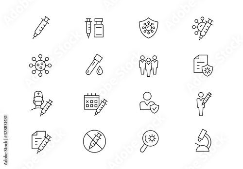 Coronavirus immunisation. Vaccination line icons. Editable stroke.