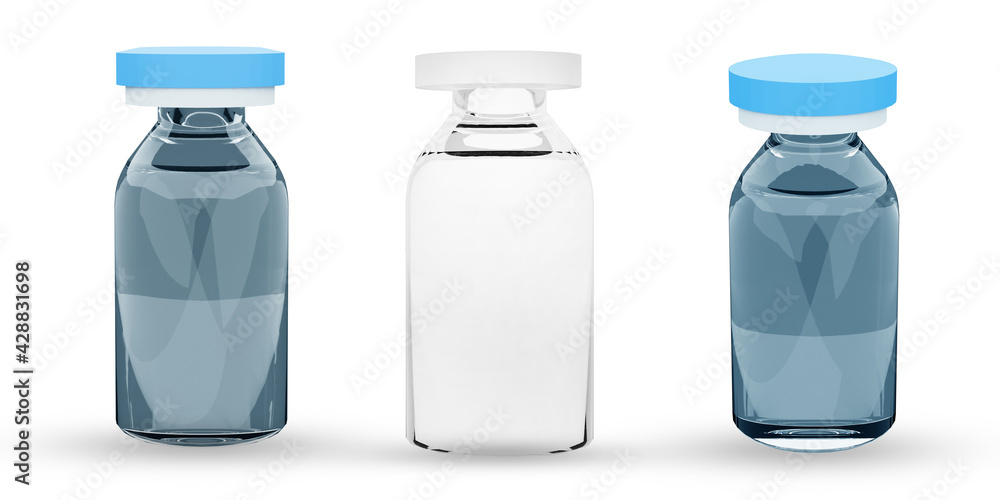 Three transparent vaccine bottles. Coronavirus COVID-19, coronavirus covid-19 treatment isolated on white background. Three transparent vaccine bottles. Coronavirus COVID-19, coronavirus covid-19 treatment isolated on white background.
