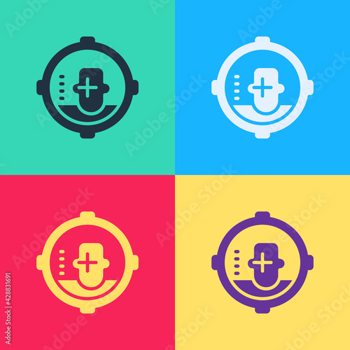 Pop art Headshot icon isolated on color background. Sniper and marksman is shooting on the head of man, lethal attack, assault and assassination. Vector