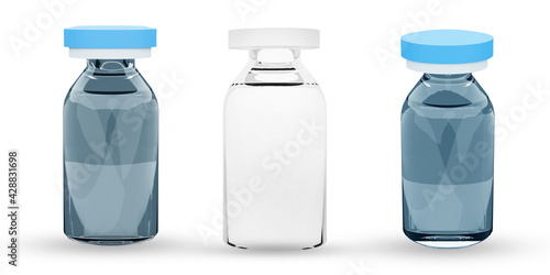 Three transparent vaccine bottles. Coronavirus COVID-19, coronavirus covid-19 treatment isolated on white background.