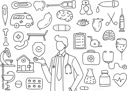 Health care and medicine icon set. Hand drawn medicine. Concept of online medical consultation for web banners, hero images, printed materials. Medical scetch collection. Doodle drawing. Pharmacy.