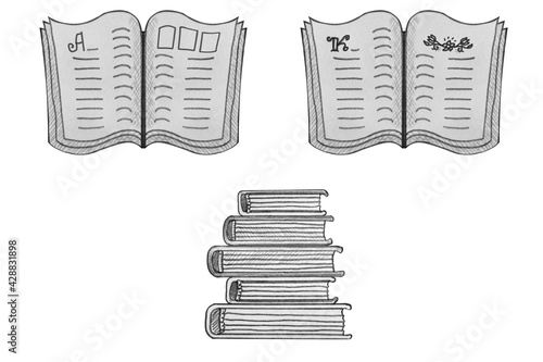 book icons set, library, genealogy, family tree, file storage, archival documents for topical, instagram stories, social networks, website, retro sepia style, hand-drawn pencil pictures