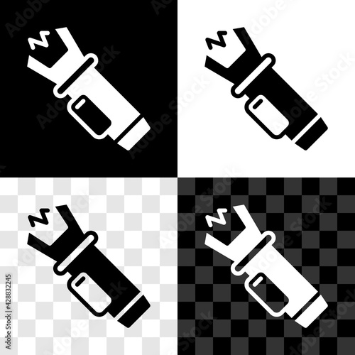 Set Police electric shocker icon isolated on black and white, transparent background. Shocker for protection. Taser is an electric weapon. Vector