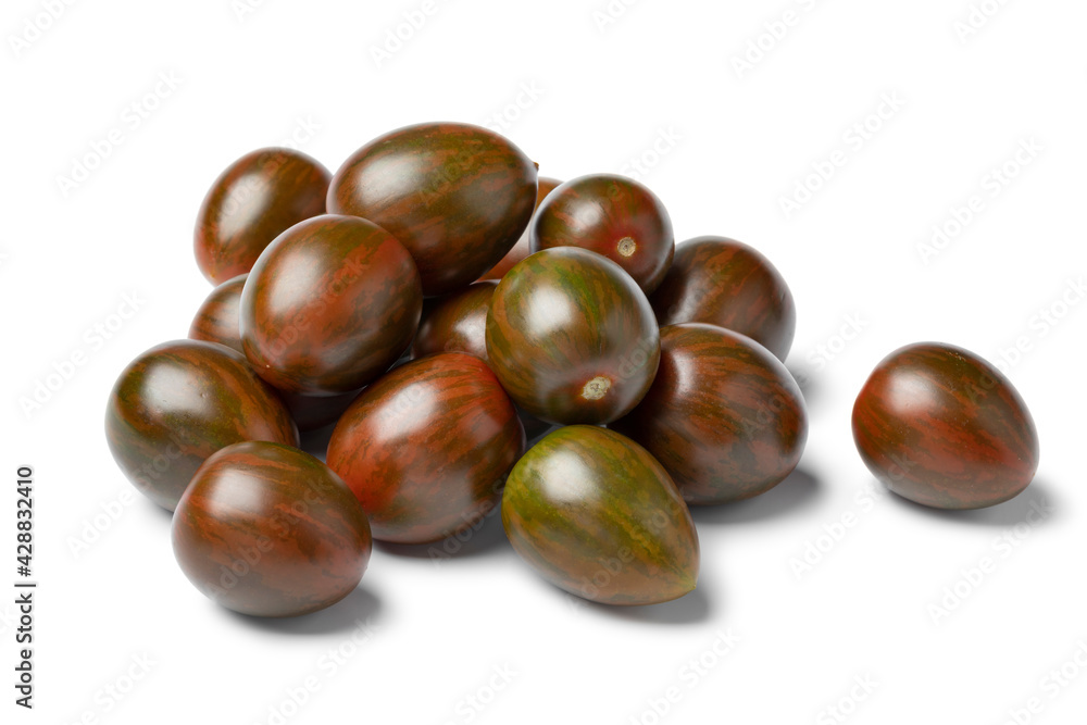 Fototapeta premium Heap of fresh ripe sweet green striped snack tomatoes isolated on white background 