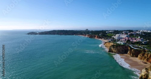 Scenic aerial view of the coastline near the Vau Beach (Praia do Vau) in Portimao, Algarve, Portugal