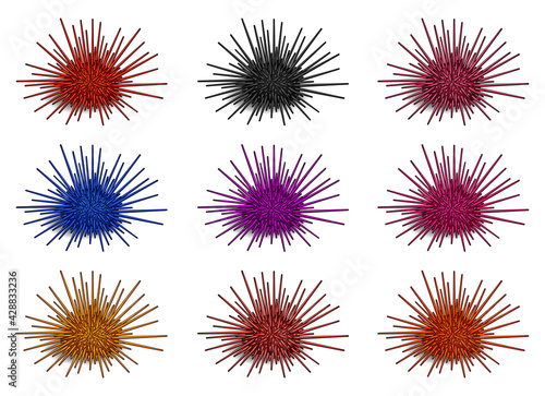 Set of nine sea hedgehogs or urchin of blue, red, yellow, pink and black colors. Sea urchin illustration, drawing, engraving, ink, line art