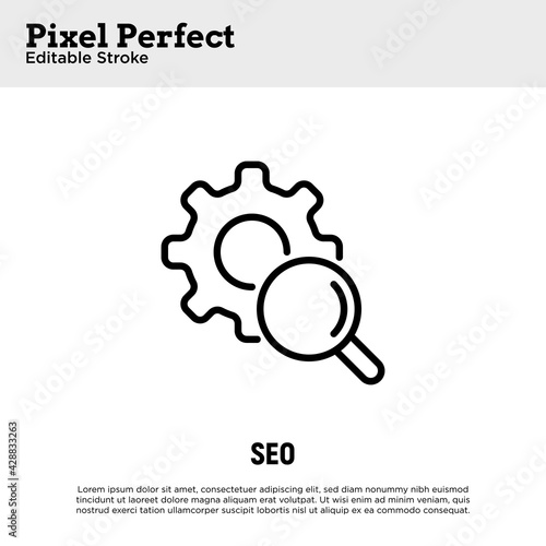 SEO thin line icon. Optimization of website. Gear under magnifier. Pixel perfect, editable stroke. Vector illustration.