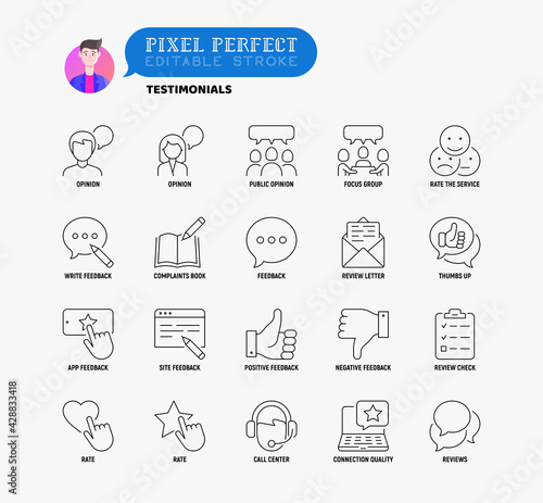 Testimonials thin line icons set: user opinion, group opinion, focus group, rate service in app, positive and negative feedback, review, voting.  Pixel perfect, editable stroke. Vector illustration.