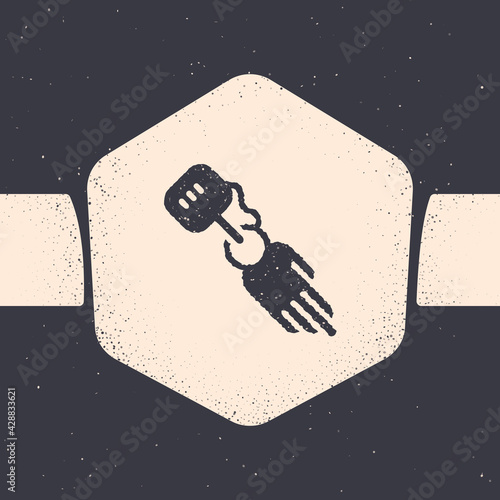 Grunge Prosthesis hand icon isolated on grey background. Futuristic concept of bionic arm, robotic mechanical hand. Monochrome vintage drawing. Vector