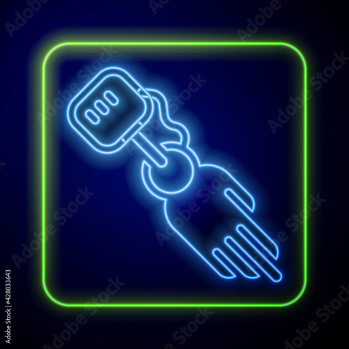 Glowing neon Prosthesis hand icon isolated on blue background. Futuristic concept of bionic arm, robotic mechanical hand. Vector