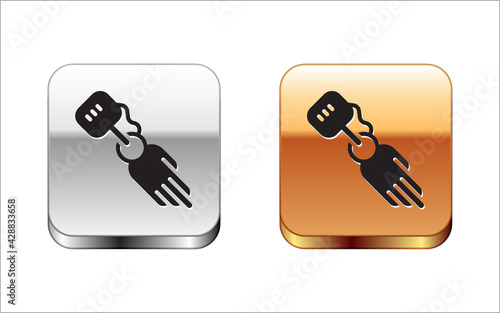Black Prosthesis hand icon isolated on white background. Futuristic concept of bionic arm, robotic mechanical hand. Silver and gold square buttons. Vector