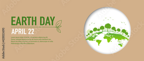 Earth Day banner of brown paper cut style and green city, Vector illustration